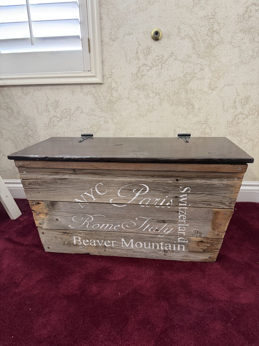 Handmade Reclaimed Wood Storage Chest/Trunk - Travel Theme (NYC, Paris, Rome, Switzerland)