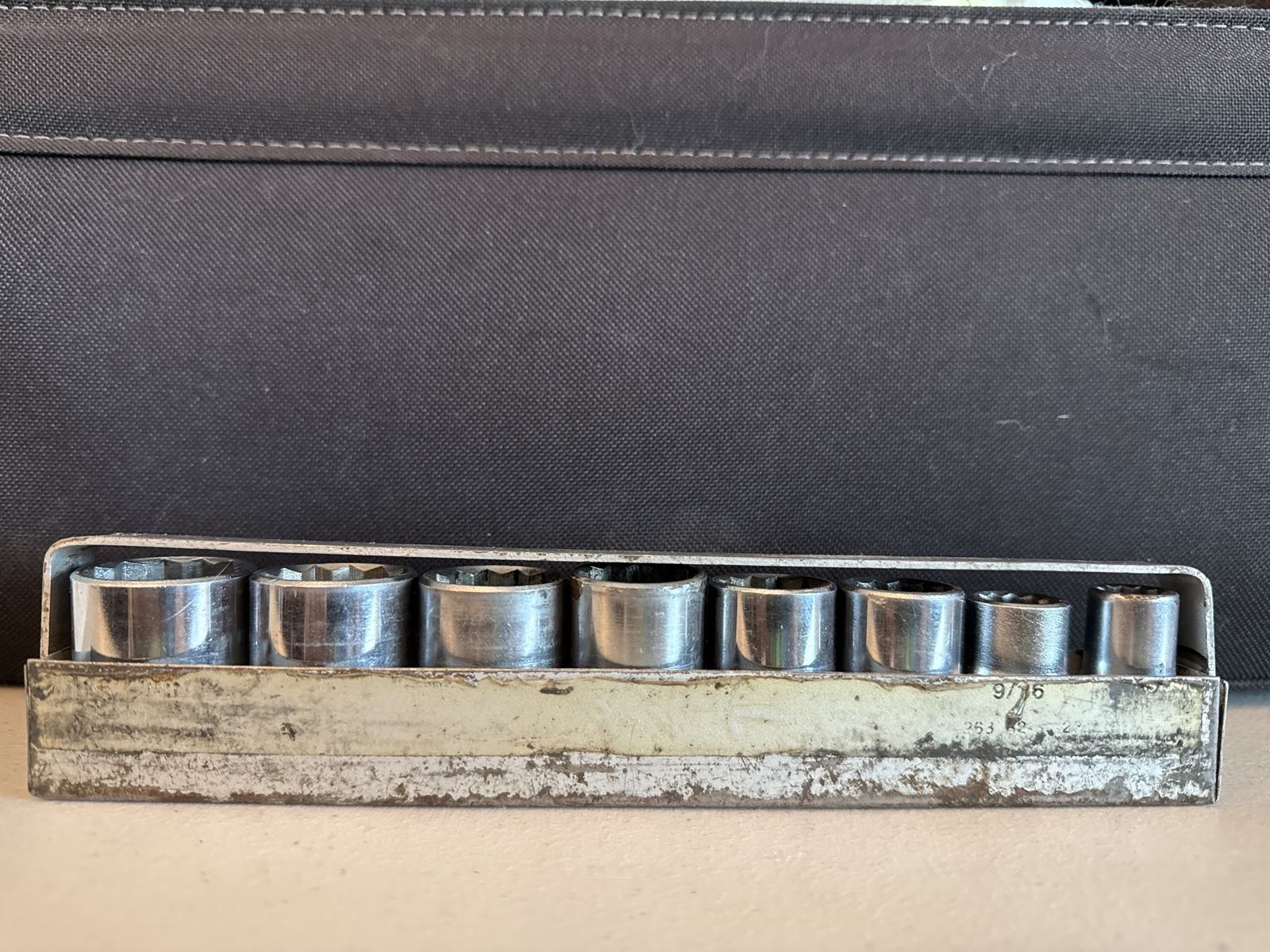 Vintage Japan 1/2" Dr Shallow Socket Set - 7pc SAE with Metal Holder