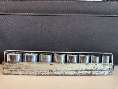Vintage Japan 1/2" Dr Shallow Socket Set - 7pc SAE with Metal Holder