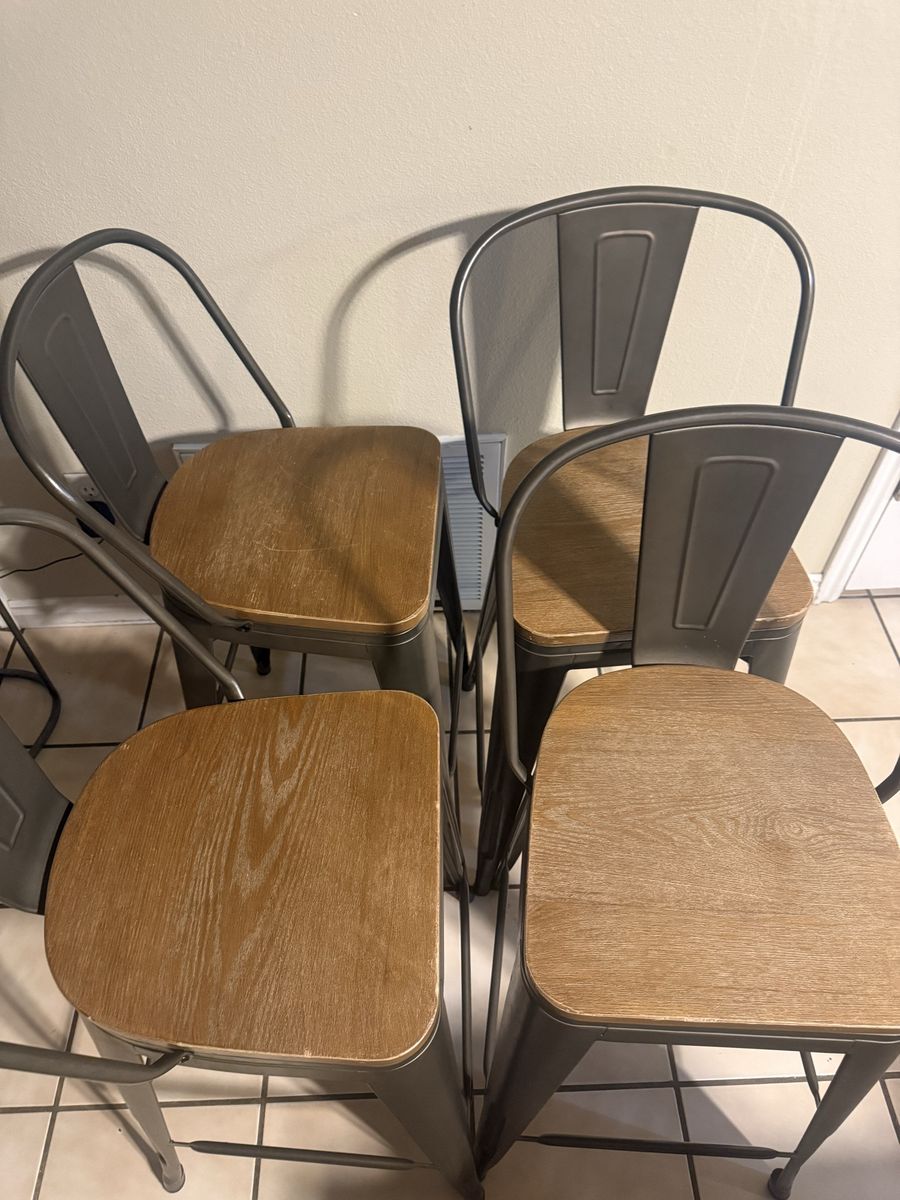 Set of 4 Used Metal Stools with Wooden Seats - Grey