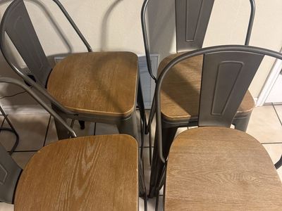 Set of 4 Used Metal Stools with Wooden Seats - Grey