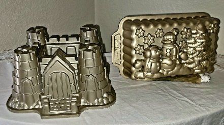 Nordic Ware Gold Cake Pans: Castle Bundt (10-cup) & Winter Wonderland Loaf (6-cup) Made in USA