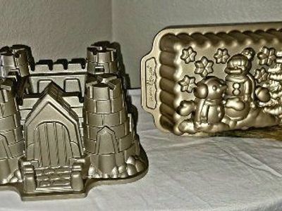 Nordic Ware Gold Cake Pans: Castle Bundt (10-cup) & Winter Wonderland Loaf (6-cup) Made in USA