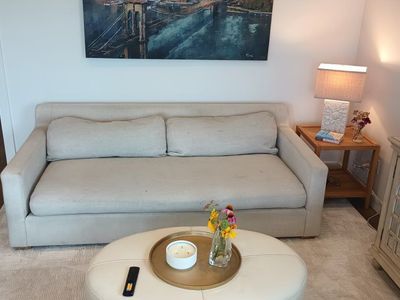 Modern Beige Fabric Sofa Couch with Back Cushions