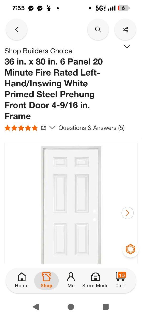 Builders Choice 36"x80" LH 6-Panel Exterior Steel Prehung Door w/ Brickmould & 10-Year Warranty
