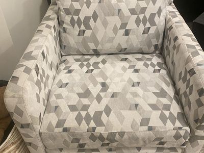 Modern Swivel Patterned Armchairs - Grey, White, and Silver Geometric Print