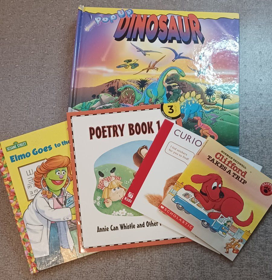 Kids Book Lot: Pop-Up Dinosaur, Elmo Goes to the Doctor, Poetry Book 1, Curious Critters, Clifford