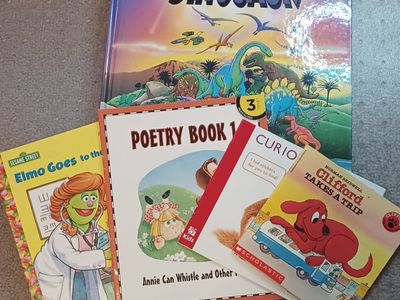 Kids Book Lot: Pop-Up Dinosaur, Elmo Goes to the Doctor, Poetry Book 1, Curious Critters, Clifford