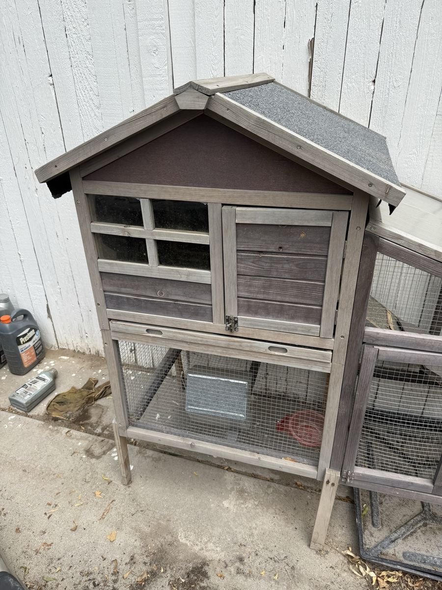 Wooden Outdoor Rabbit Hutch and Chicken Coop with Attached Run and Asphalt Roof