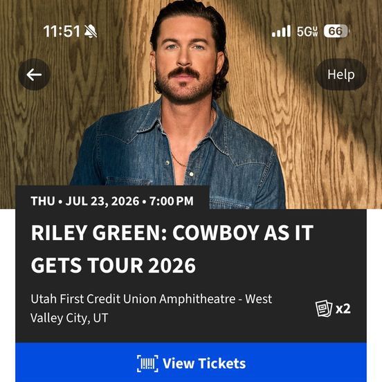 2 Riley Green Tickets - Cowboy As It Gets Tour 2026, GA Lawn, UFCU Amphitheatre, 7/23