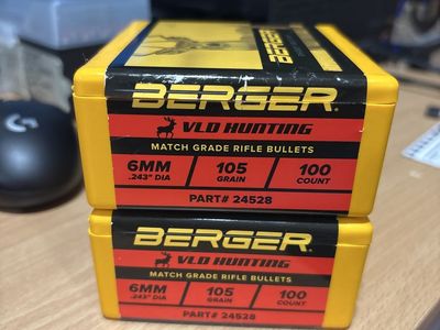 6mm 105 vld Hunting Berger reloading bullets