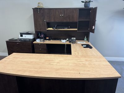 Spacious C-Shape Office Desk with Hutch and Filing Cabinets - Light Wood & Dark Wood Finish