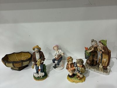 HOMCO 1477 & Waces Vintage Porcelain Figurine Lot - 5 Collectible Figures & Basket