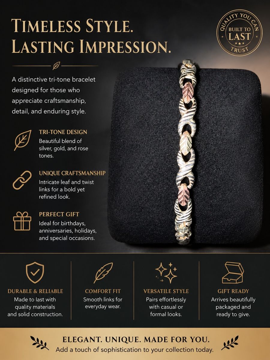 Tri-Tone Leaf & Twist Link Bracelet - Silver, Gold, Rose Gold - Unique Craftsmanship