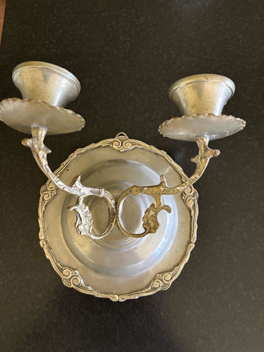 Vintage Metal Wall Sconce Double Candle Holder Decorative Ornate Design (Silver)