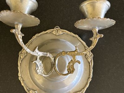 Vintage Metal Wall Sconce Double Candle Holder Decorative Ornate Design (Silver)