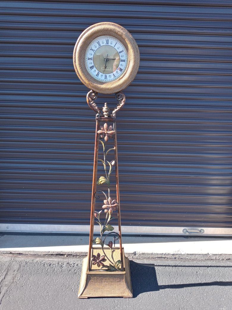 Unique Wicker Woven Floor Clock with Floral Iron Stand - 5ft Tall Quartz Movement Timepiece