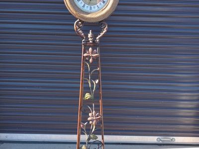Unique Wicker Woven Floor Clock with Floral Iron Stand - 5ft Tall Quartz Movement Timepiece