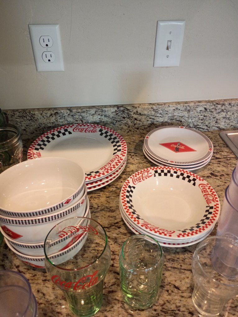 Vintage Coca-Cola Dinnerware & Glassware Set Plates Bowls Cups