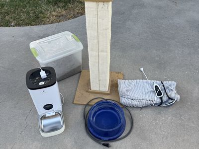 Cat Feeder, Scratching Post, Heated Dish, Warming Pad & Food