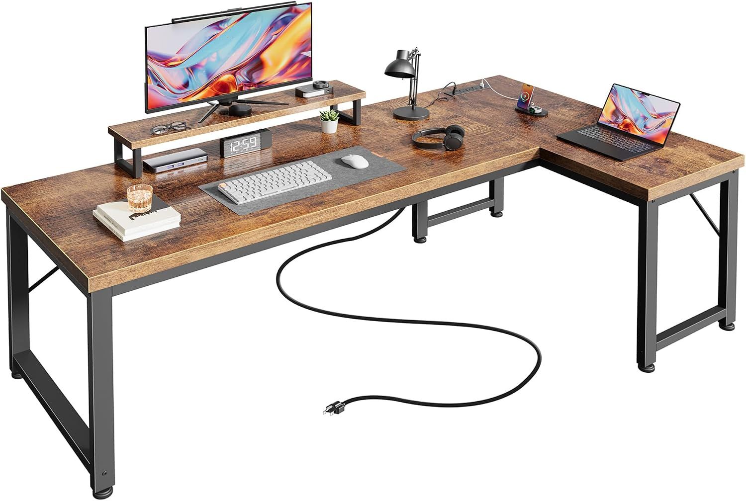 53" L Shaped Computer Desk - Outlets - Monitor Stand - Reversible - Brown