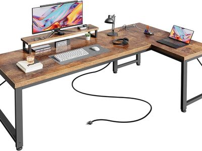 53" L Shaped Computer Desk - Outlets - Monitor Stand - Reversible - Brown