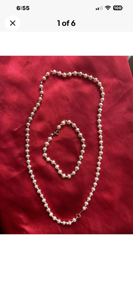 Yellow Gold Beads & Pearl Necklace Bracelet Set