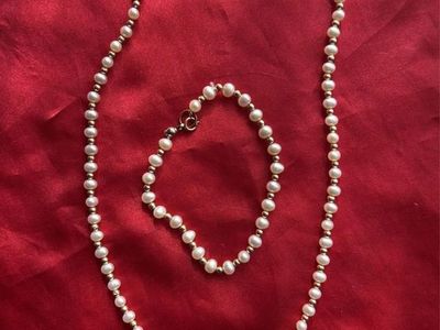 Yellow Gold Beads & Pearl Necklace Bracelet Set