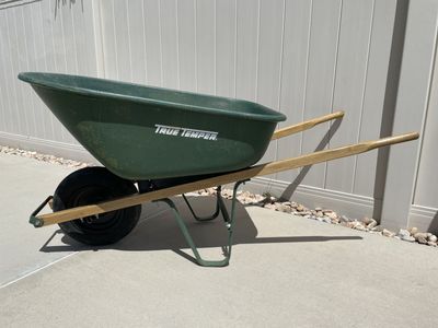 True Temper Green Wheelbarrow - Sturdy Garden Cart with Wooden Handles