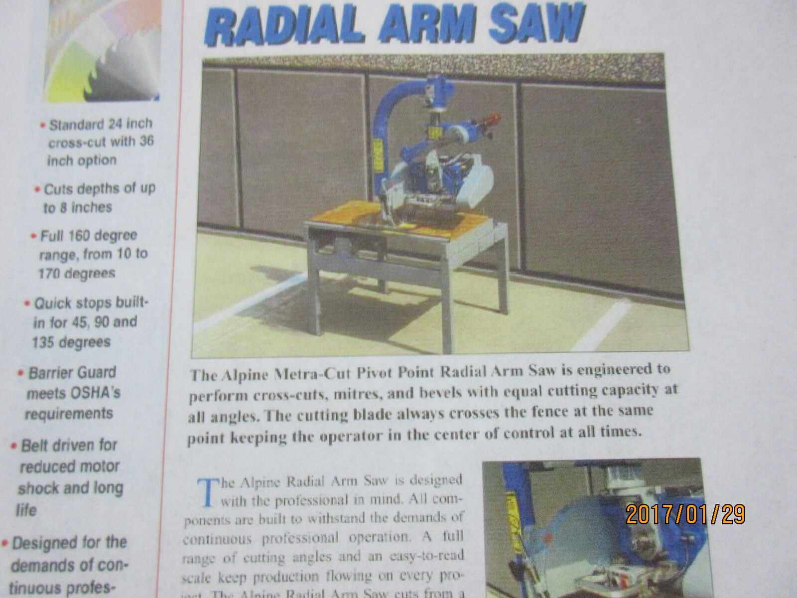 Radial ARM SAW ALPINE Metra-Cut Pivot Point Radial Arm Saw,Cross-Cut ,mitres.