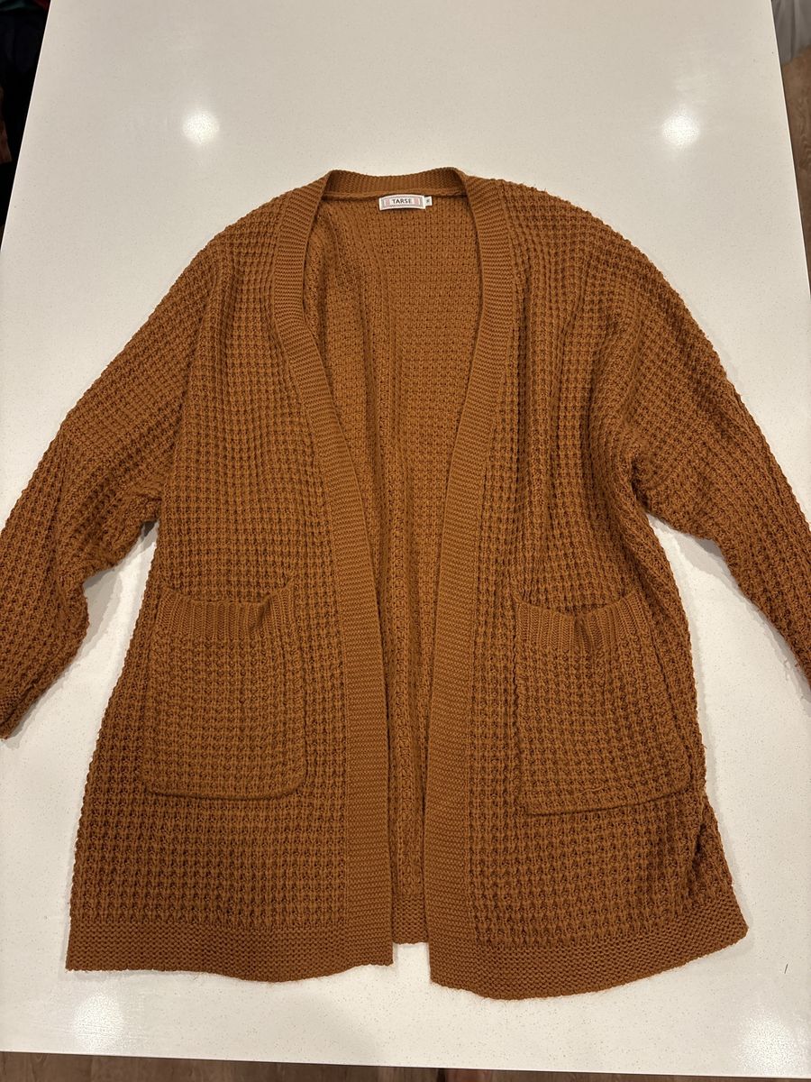 TARSE Brown Waffle Knit Open Front Long Cardigan Sweater with Pockets - Size M