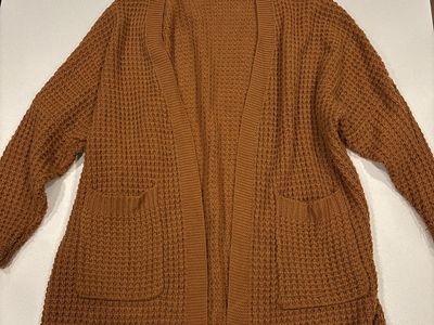 TARSE Brown Waffle Knit Open Front Long Cardigan Sweater with Pockets - Size M
