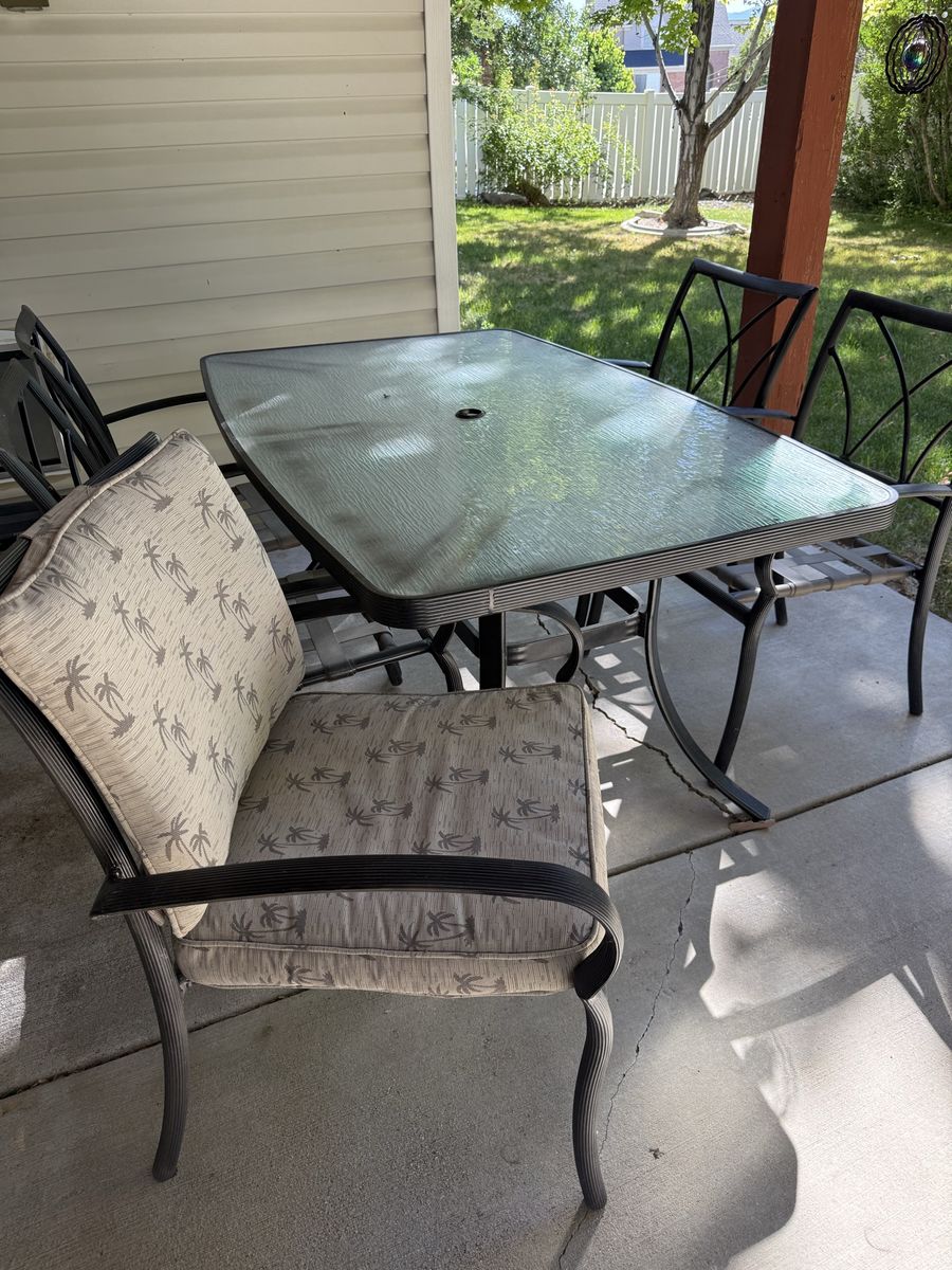 Outdoor Patio Dining Set - Glass Table, 6 Chairs with Cushions - Weather-Resistant Metal Frame