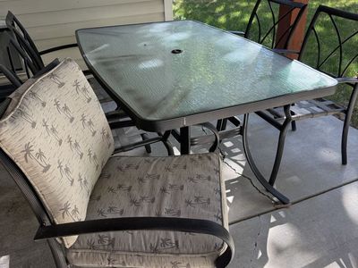 Outdoor Patio Dining Set - Glass Table, 6 Chairs with Cushions - Weather-Resistant Metal Frame