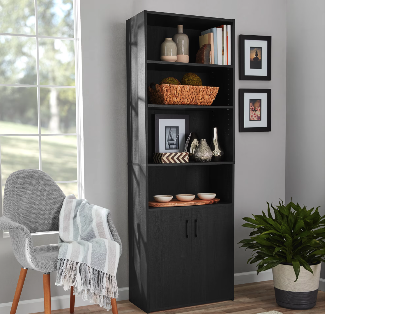 New in Box 5 Shelf Bookcase with Doors, Black Finish