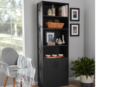 New in Box 5 Shelf Bookcase with Doors, Black Finish
