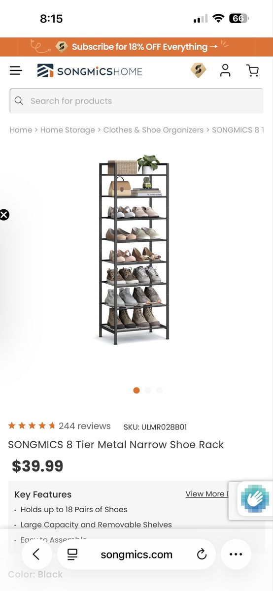 SONGMICS 8 Tier Metal Narrow Shoe Rack Black New in Box