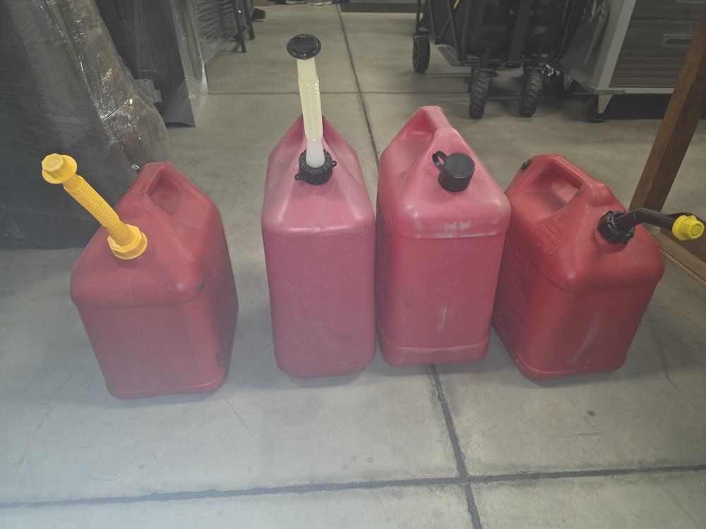 Red Plastic Gas Cans - Set of 4, Various Sizes, with Spouts - Fuel Storage Containers