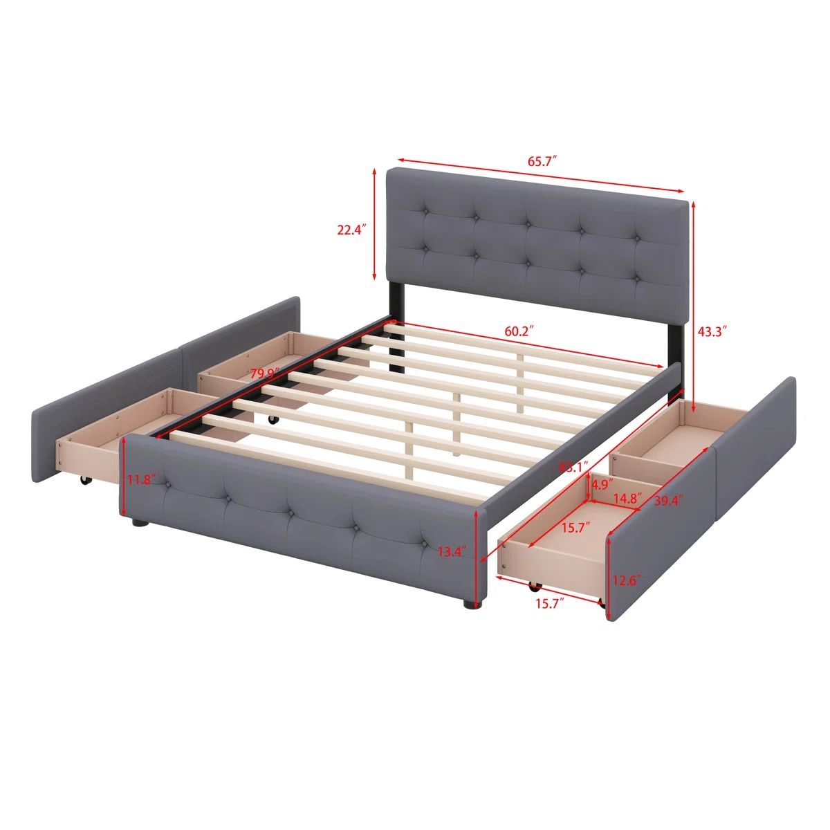 Queen Tufted Platform Bed Frame With 4 Drawers Underneath