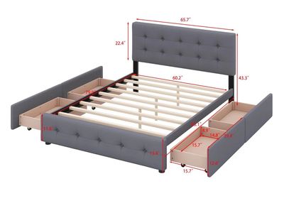 Queen Tufted Platform Bed Frame With 4 Drawers Underneath