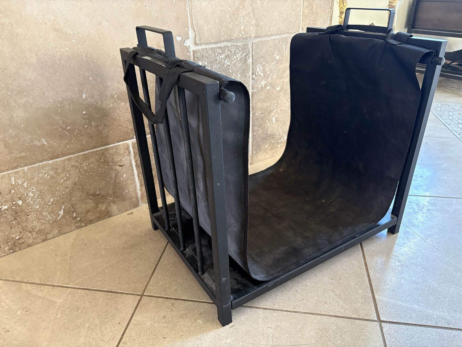 Black Metal Indoor Firewood Rack W/ Canvas Carrier