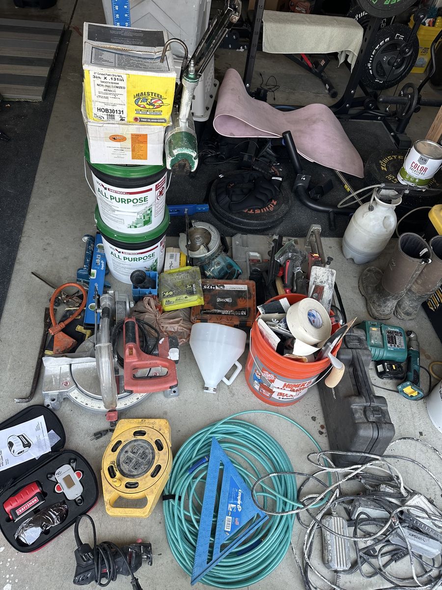 Assorted Construction Tools, Hardware, and Building Materials Lot
