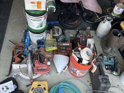 Assorted Construction Tools, Hardware, and Building Materials Lot