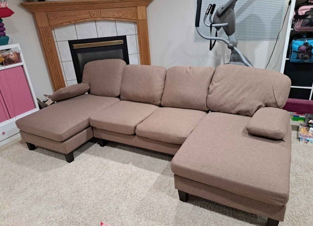 Brown Fabric U-Shaped Sectional Sofa with Double Chaise 105"x46"