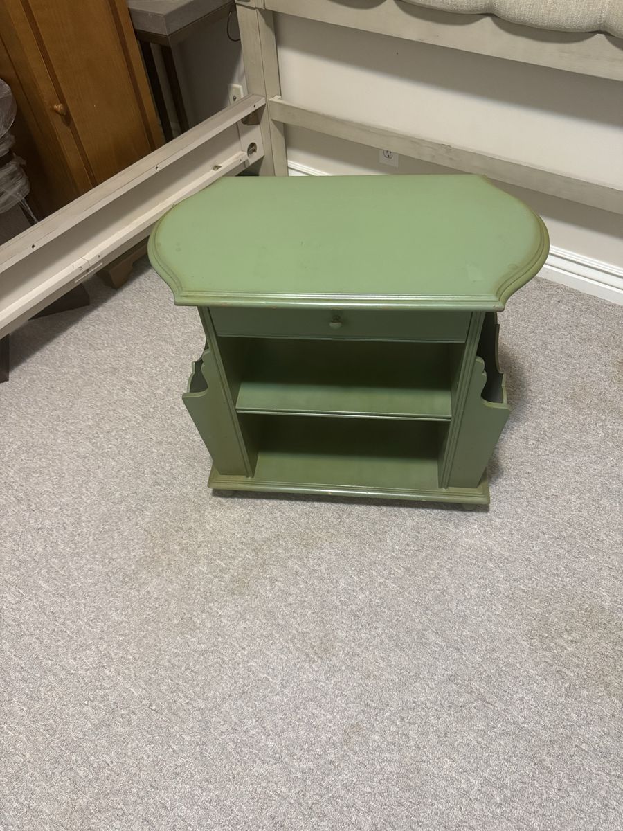 Vintage Wood Magazine-Rack Side Table with Drawer and Shelves