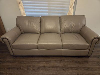 Custom leather couch in dove gray