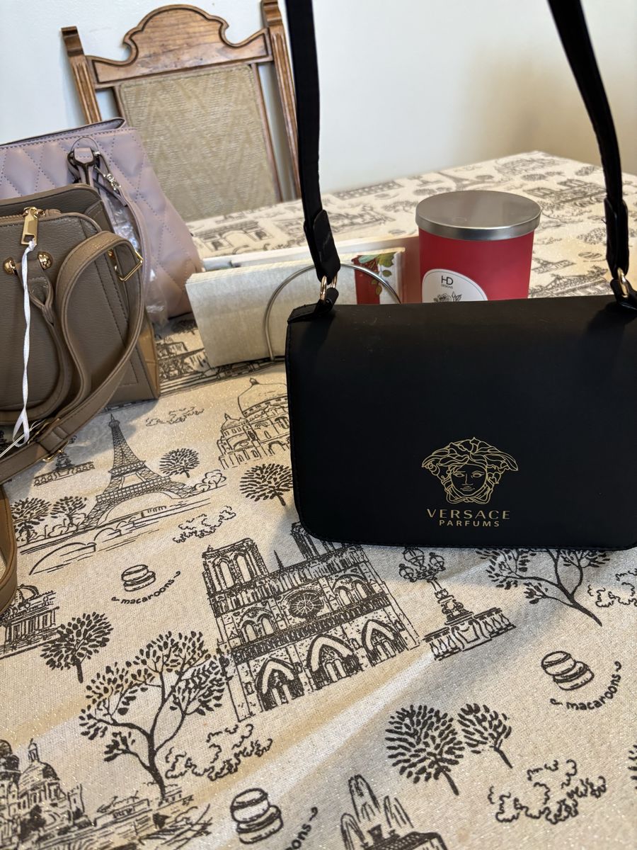 Versace Parfums Black Shoulder Bag with Gold Medusa Logo and Greek Key Strap
