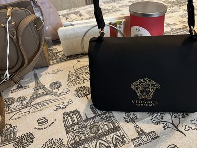 Versace Parfums Black Shoulder Bag with Gold Medusa Logo and Greek Key Strap