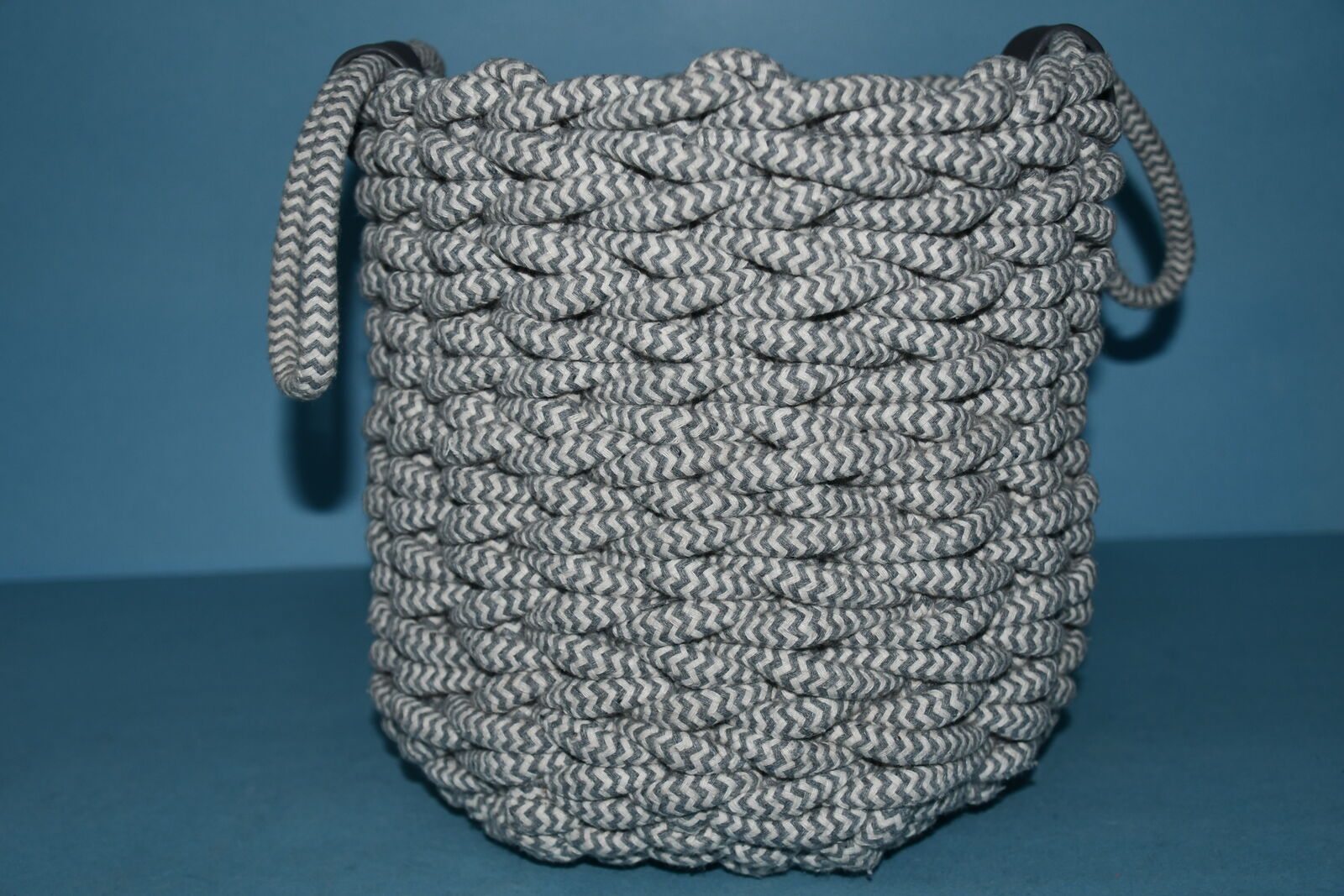 GRAY & WHITE ROPE BASKET with HANDLES ~ HEIGHT 9" ~ DIAMETER 8" ~ CLEAN ~ $5
