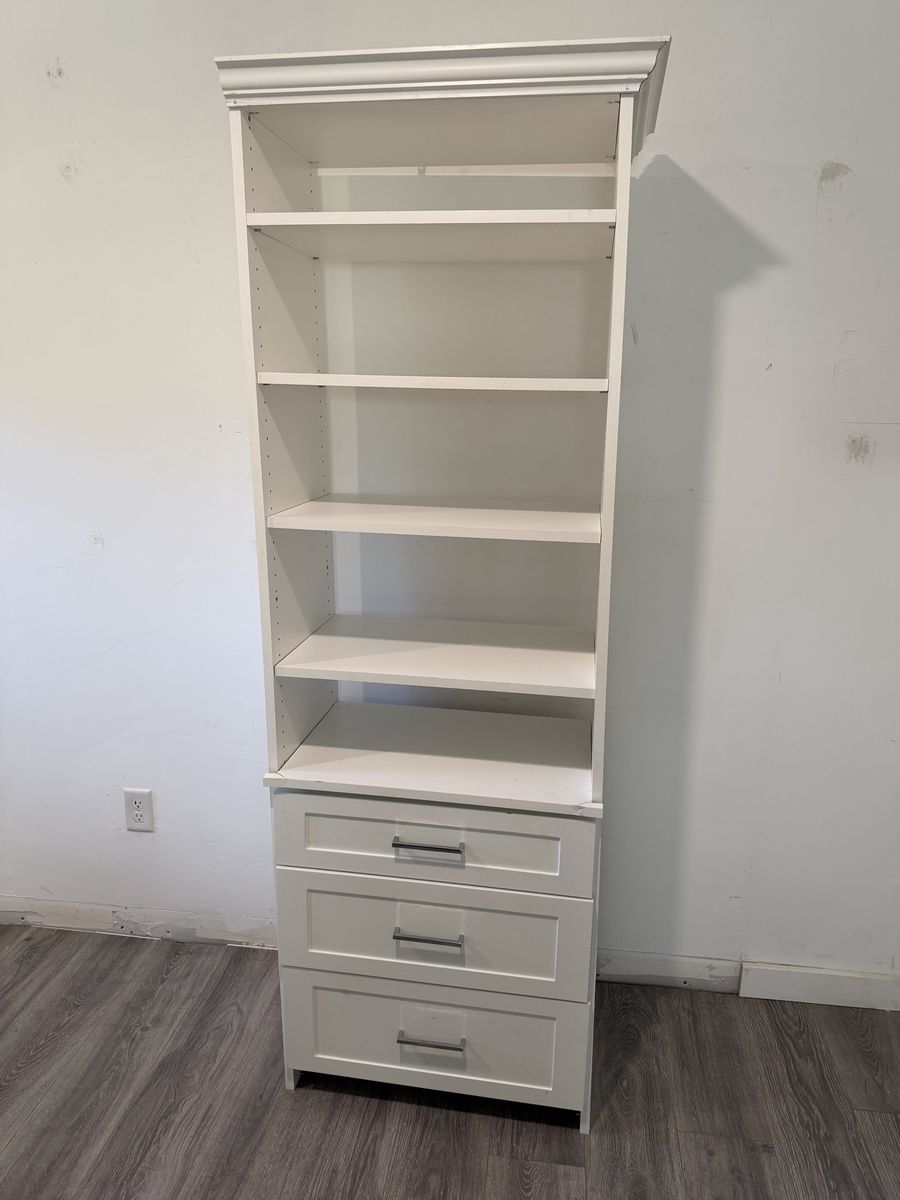 White Tall Bookshelf with 3 Drawers and Adjustable Shelves